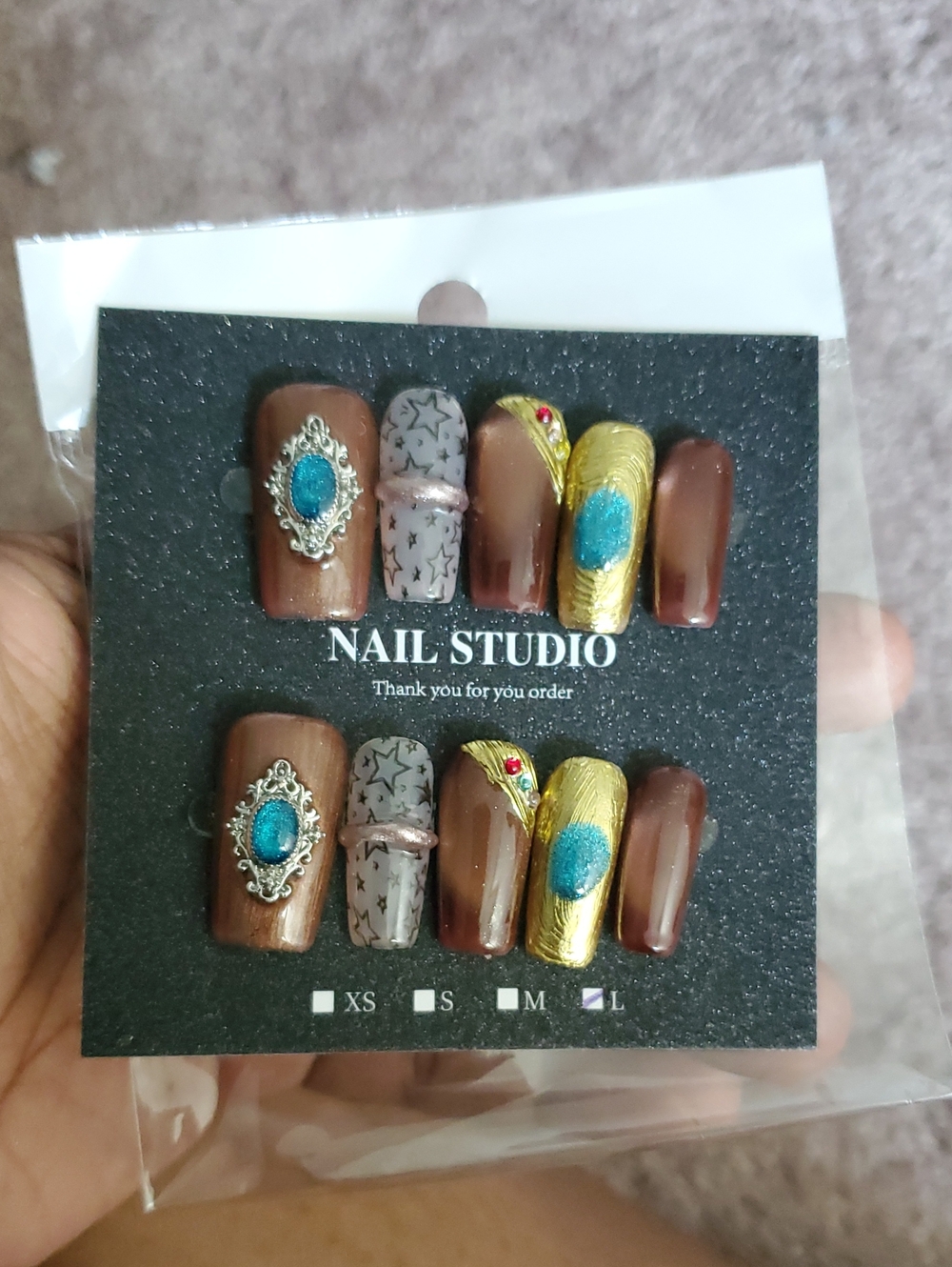Womens Press-On Nail Set - Brown, Gold, Teal Accent